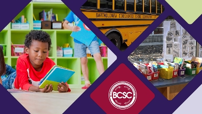 Collage showing BCSC school bus, the BCSC logo, and a bright classroom with colorful bins of books and supplies with young students reading.