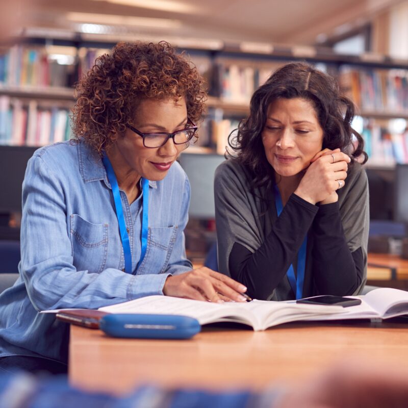 Teacher With Mature Female Adult Student Sitting At Table Working In College Library