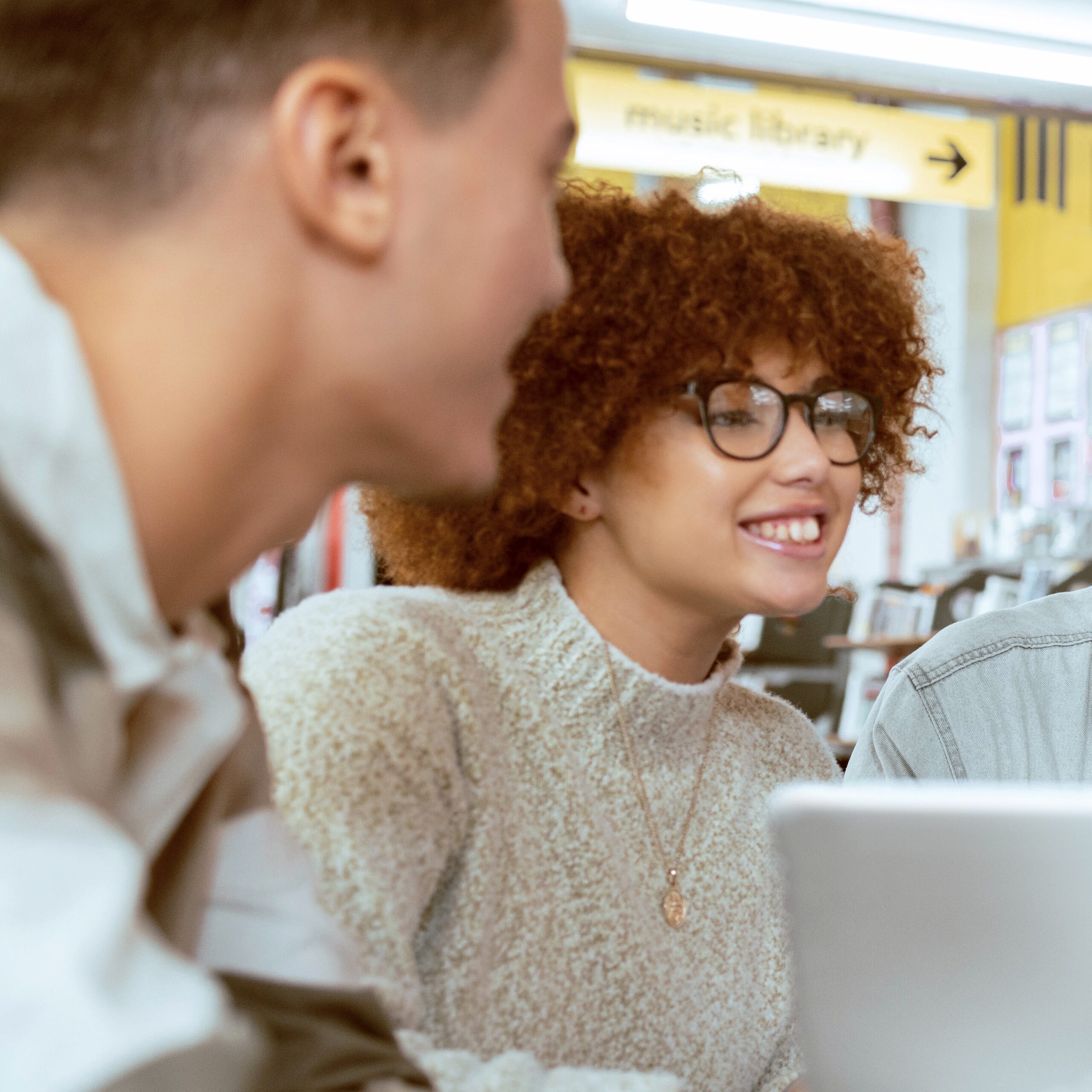 Group, happy or university people smile on tech for learning