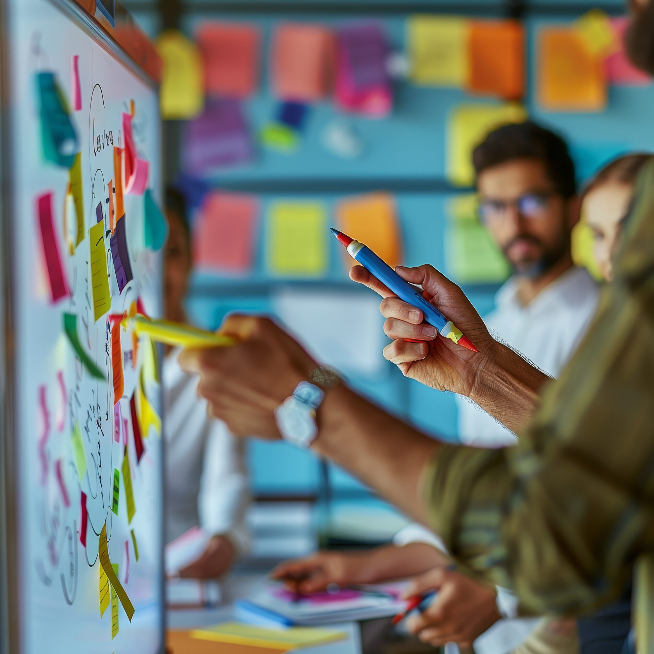 An innovative team actively participates in a brainstorming session, using sticky notes to visualize ideas during a collaborative workshop.