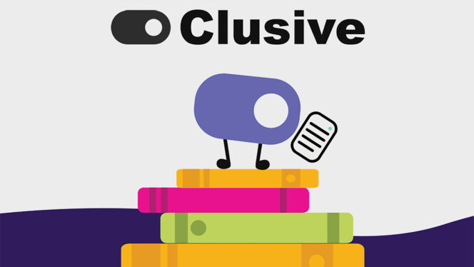 Clusive logo and mascot character sitting atop a stack of colorful books