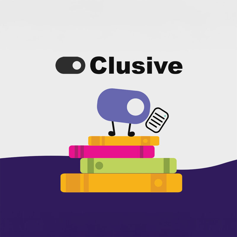 Clusive logo and mascot character sitting atop a stack of colorful books