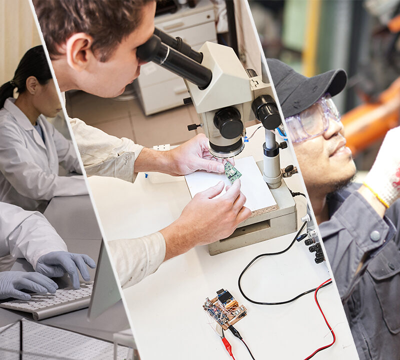 Photo collage of people working with machines, taking notes, and exploring with microscopes