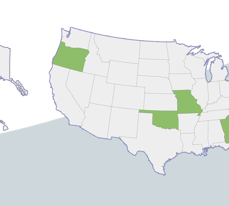 Map of the U.S. highlighting Georgia, Missouri, New Hampshire, North Carolina, Oklahoma, Oregon, and West Virginia