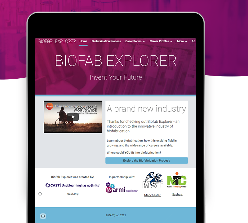 Screenshot of Biofab Explorer on a tablet with a purple wave in the background, Biofab Explorer: Invent your future