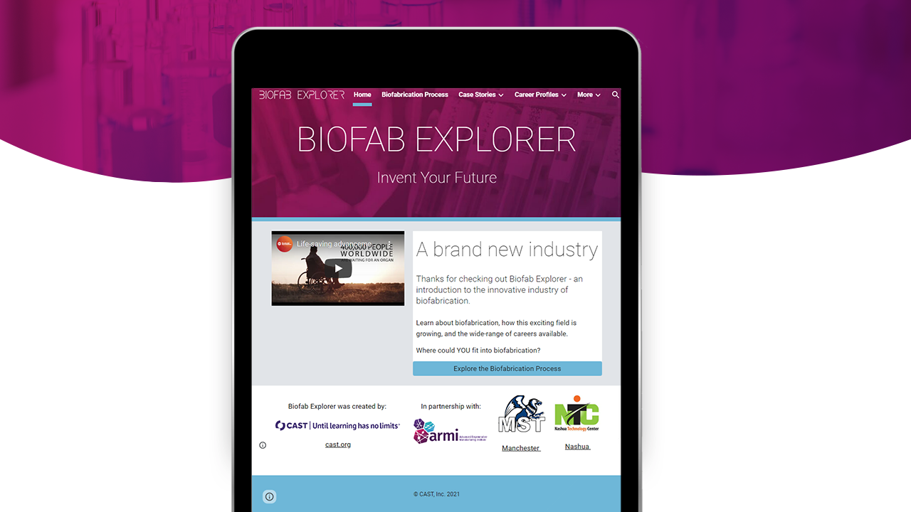 Screenshot of Biofab Explorer on a tablet with a purple wave in the background, Biofab Explorer: Invent your future