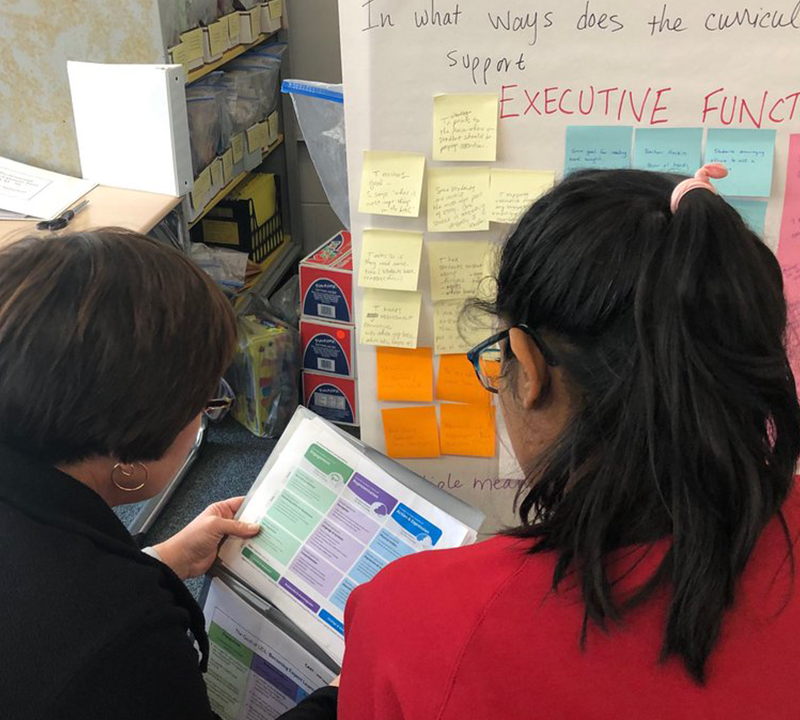 Photo of two educators looking at the UDL Guidelines and working on a sticky note activity