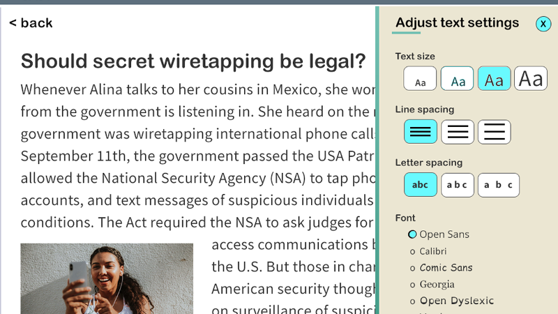 A tab for adjusting text settings including text size, line spacing, letter spacing, and font pops up over an article in a digital reading environment.