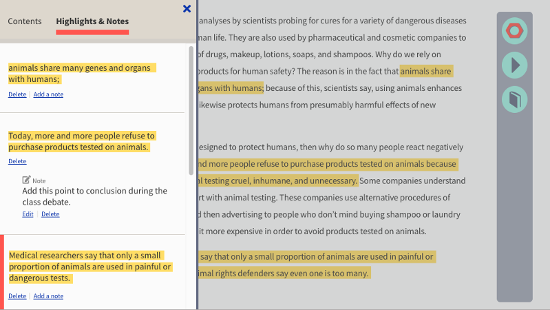 Screenshot showing highlighted text from a longer piece of writing in situ as well as pulled out in a sidebar where the reader has taken some notes related to their annotations