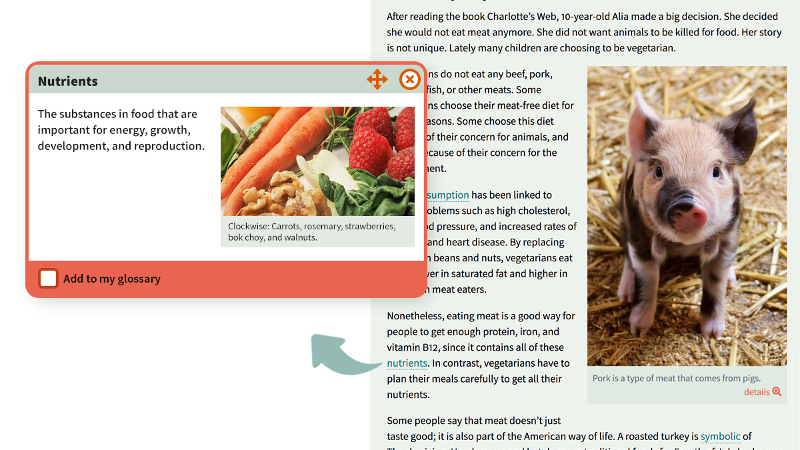  A screenshot of an article within the CISL reader environment is in the background of this image. An arrow extends from the underlined word "nutrients" in the article to a pop-up box in the foreground of the image. The box has the title "Nutrients" a definition of the word nutrients, and a captioned image of a group of various food ingredients, including carrots, strawberries, and walnuts.