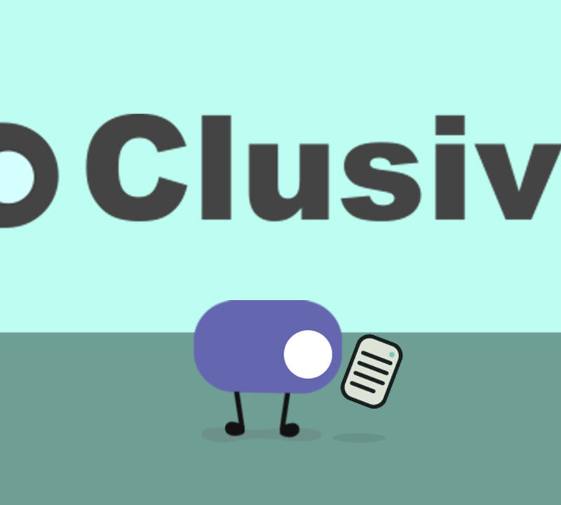 Clusive logo and the Toggle character looking at a mobile device