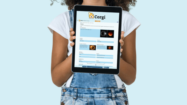 Child holding a tablet showing her science work in the Corgi graphic organizer tool