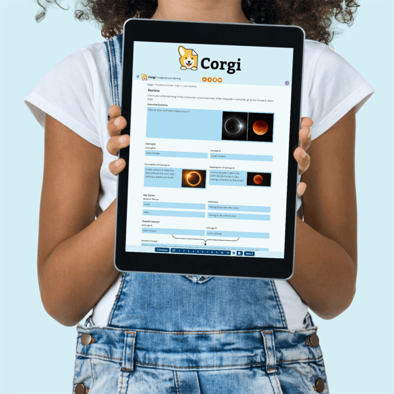 Young person holding up a tablet with the Corgi tool displaying their science work