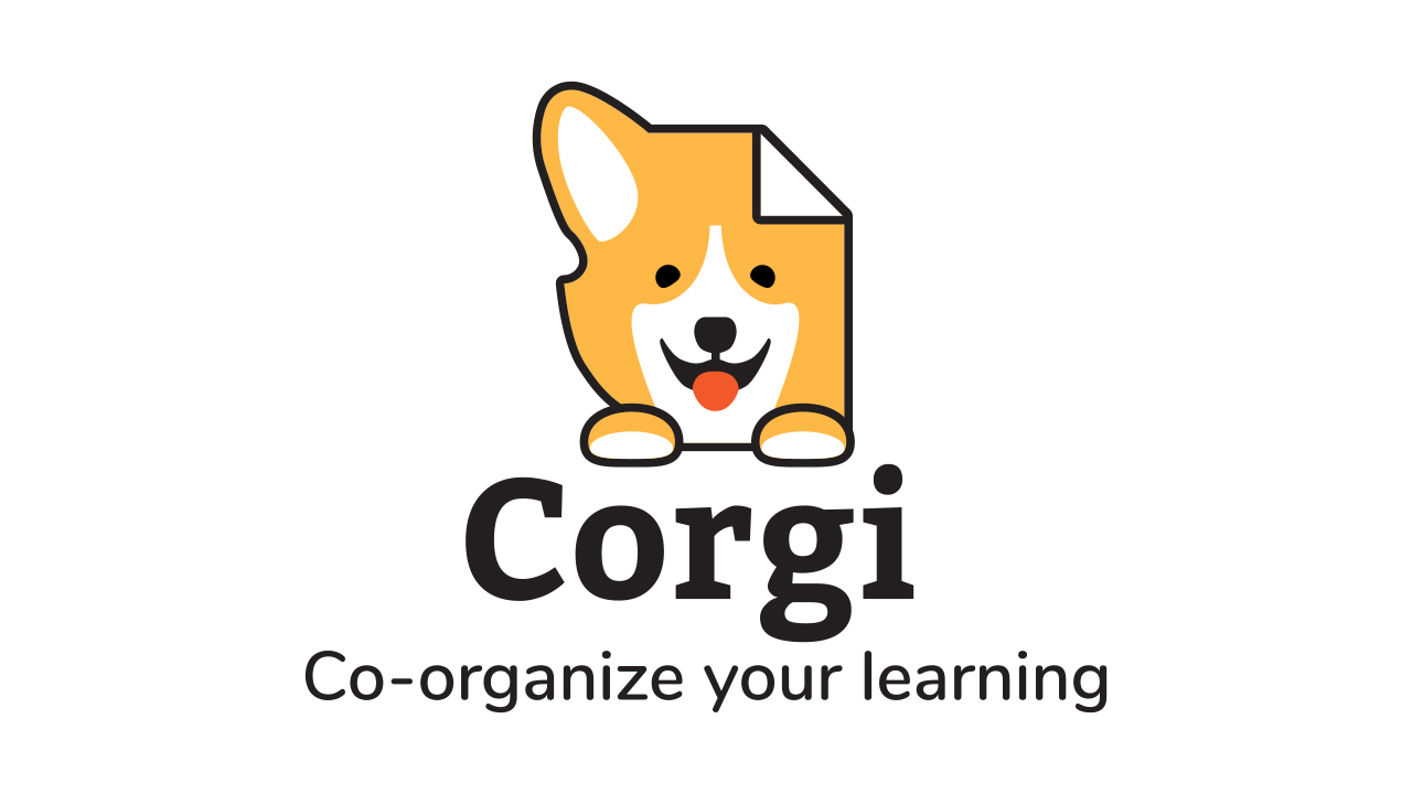 Corgi logo: Co-organize your learning, Corgi logo and a Corgi looking up at blank graphic organizer templates, Photo of a student and teacher working together, screenshot of Corgi on a tablet