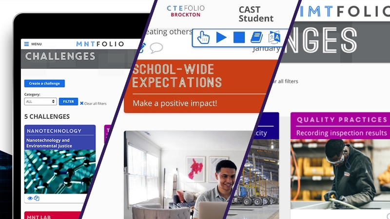 Screenshots from three Efolio products: MNTfolio, CTEfolio, and IMTfolio