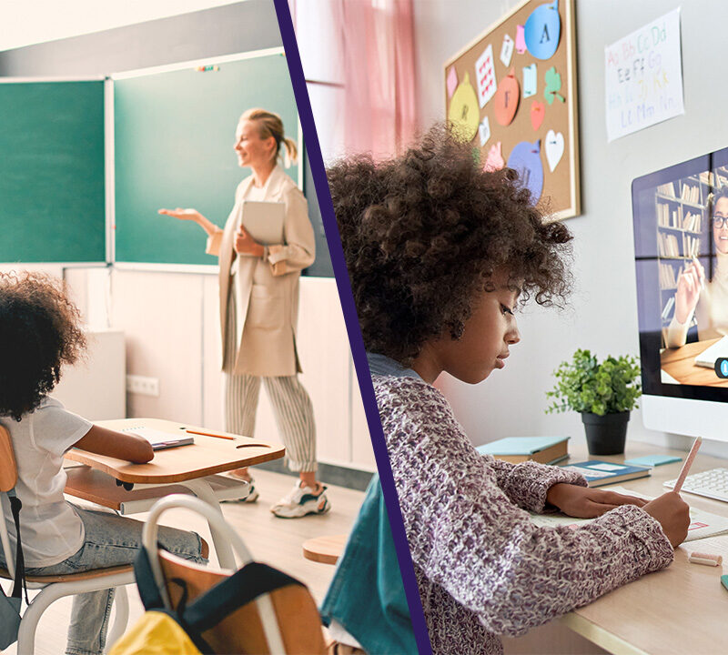 Split image of students in a classroom and a student working in a virtual classroom on a device, Photo of Allison Posey, Photo of Lynn McCormack, Photo of Luis F Perez