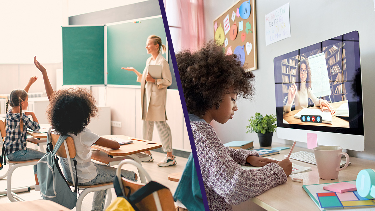 Split image of students in a classroom and a student working in a virtual classroom on a device, Photo of Allison Posey, Photo of Lynn McCormack, Photo of Luis F Perez