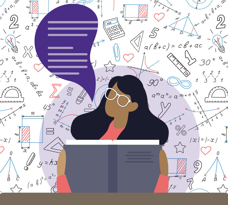 Illustration of a student reading at a laptop surrounded by mathematical notation