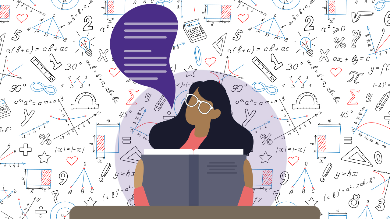 Illustration of a student reading at a laptop surrounded by mathematical notation