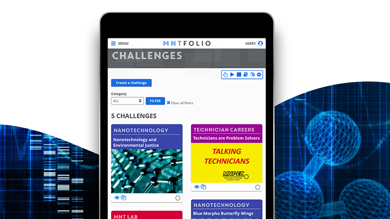 Screenshot of the MNTfolio tool on a mobile device surrounded by technical imagery