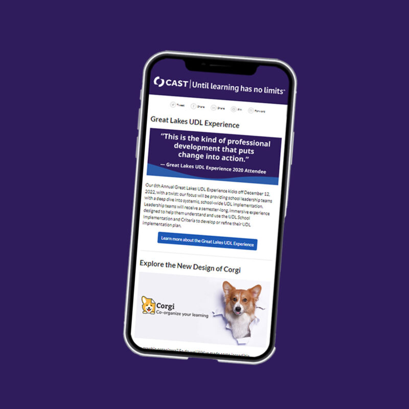 Mobile device showing the CAST newsletter featuring digital tools and events.