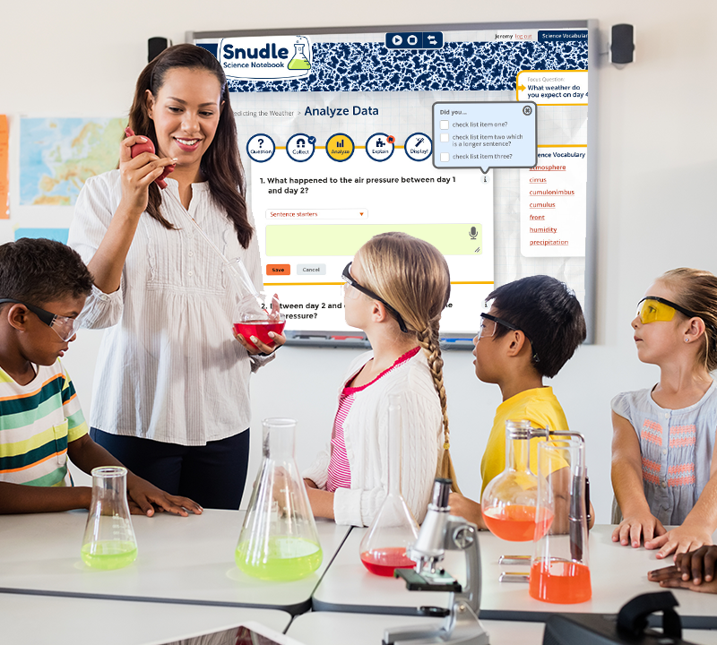 A science teacher working with students, SNUDLE projected on a whiteboard behind them