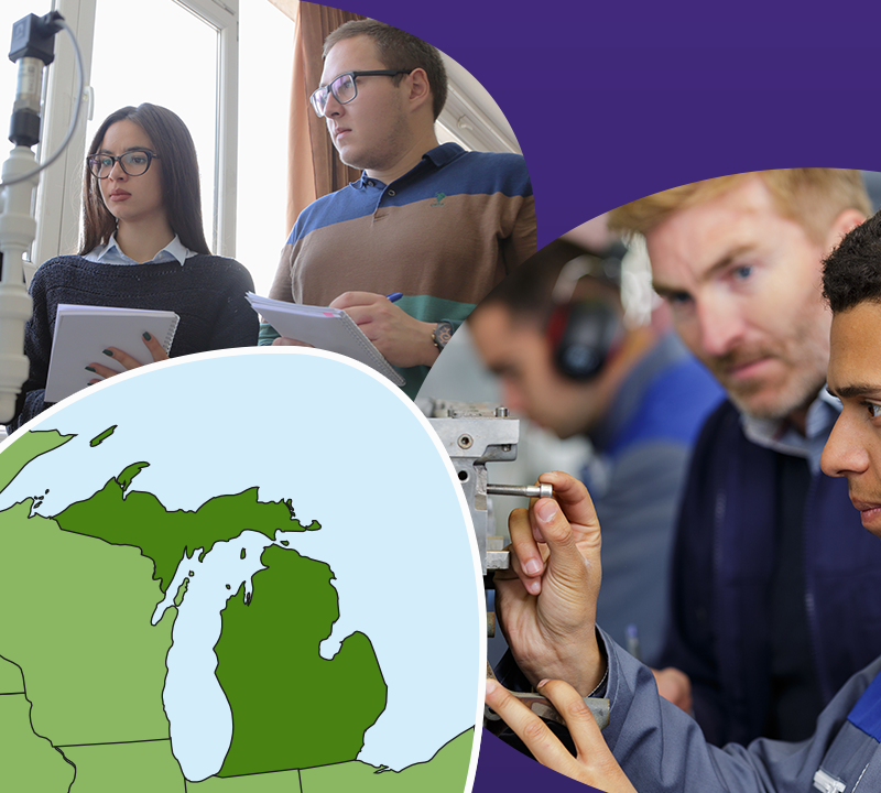 Graphic of the state of Michigan with two photos of learners and mentors in CTE environments